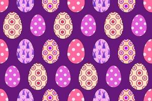 huevos de pascua con motivos coloridos, patrones sin fisuras de huevos de pascua, huevos de colores ornamentados sobre fondo púrpura que repiten el patrón vectorial. vector