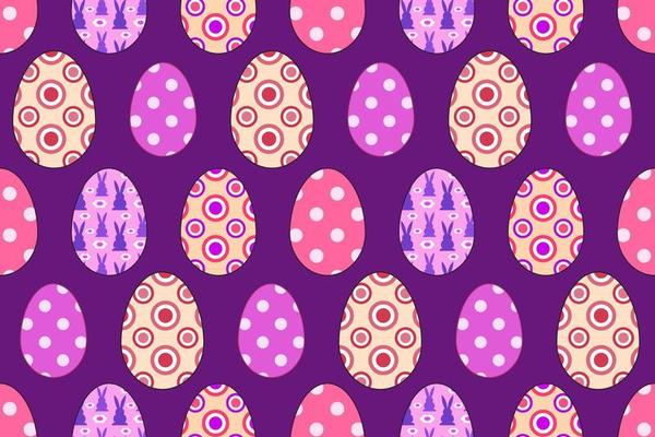 Colorful patterned Easter eggs, Easter eggs seamless pattern, ornate colored eggs on purple background repeating vector pattern.