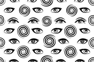 Woman eyes with swirls and twirls seamless pattern. Abstract hypnosis repeating pattern. Girl and woman eyes illusion black and white vector pattern.