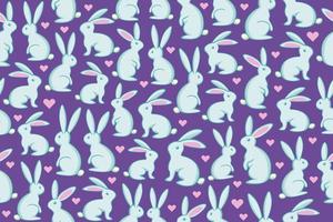 Seamless Easter pattern. Cute white bunnies with hearts seamless repeating pattern. Cartoon vector illustrations of cute white rabbits on purple background with pink hearts.