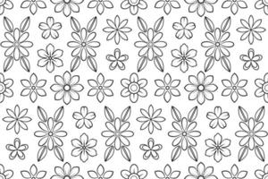Vector black and white flowers seamless pattern. Repeating outline flowers with black thin line.