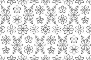 Vector black and white flowers seamless pattern. Repeating outline flowers with black thin line.