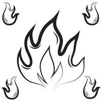 iconos de fuego dibujados a mano. conjunto de vectores de iconos de llamas de fuego. fuego de boceto de garabato dibujado a mano, dibujo en blanco y negro. símbolo de fuego simple.