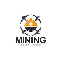 Retro mining logo with hard hat helmet and two axes Vector illustration, symbol, design icon