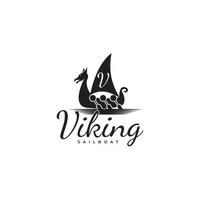 barco vikingo de vela vectorial vintage con diseño de logotipo v en las velas vector