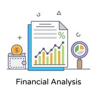 documento con lupa que indica un icono plano de análisis financiero vector