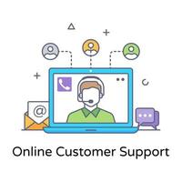 Online customer support icon, flat outline design of operator vector