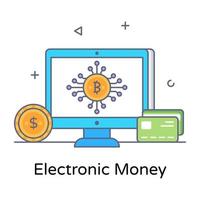 Bitcoin with network inside monitor, electronic money icon vector