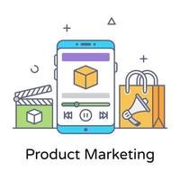 producto dentro de un smartphone con megáfono, concepto de icono de marketing de productos vector