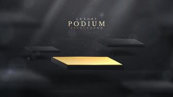Golden square podium with glitter light effect elements and bokeh and blurred decoration. Black luxury background.