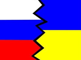 The flag of Russia and Ukraine separated by lightning. The confrontation between the two countries. The concept of war and aggression. Vector graphics.