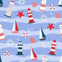 Seamless pattern with marine print. Boats, lighthouses, starfish, steering wheel on the background of the sea. Vector graphics.