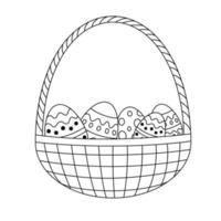 Basket easter eggs in doodle style, vector illustration. Religion holiday in april, spring event. Isolated black element for print and design on white background. Symbol of traditional celebration