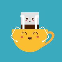 Drip coffee bag and cute cup. Trendy drink with face, characters in kawaii style. Yellow mug happy, break concept. Vector illustration, color element on blue background