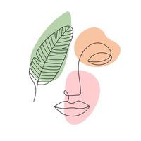 A woman face and a banana leaf in the style of one line. A continuous outline of the eyes, lips, and nose . Vector illustration, isolated black elements on a white background