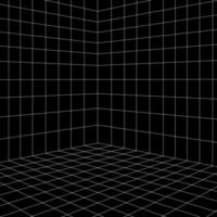 Grid room in perspective, vector illustration in 3d style. Indoor wireframe from lines, template interior square, digital empty box. Abstract geometric design background