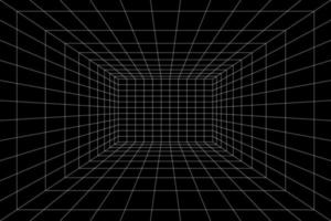 Grid room in perspective, vector illustration in 3d style. Indoor wireframe from white lines, template interior square, digital empty box. Abstract geometric design background