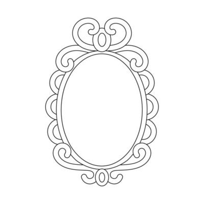 Magic mirror in cartoon style, vector illustration. Oval line frame for print and design. Fairy vintage mirror doddle. Isolated element on white background, graphic template