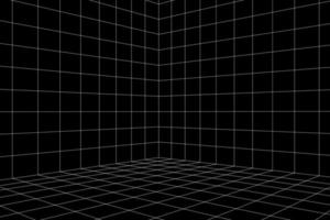 Grid room in perspective, vector illustration in 3d style. Indoor wireframe from lines, template interior square, digital empty box. Abstract geometric design background