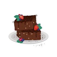 Sweet brownie dessert with flowing chocolate, nuts and berries. Delicious piece of cake, baking for birthday, party and holiday. Vector flat illustration