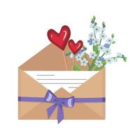 Forget me not flowers in craft envelope with love note and heart shaped lollipops, ribbon with bow. Delivery of gift. Festive decoration for wedding, party and romantic event. Vector flat illustration