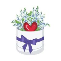 Little blue forget me not flowers in box with bow and heart. Field flowering plants. Romantic decoration for wedding or gift. Vector flat illustration