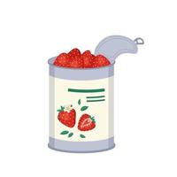 Red strawberry in open tin. Ready made sweet food, delicious berry dessert. Vector flat illustration