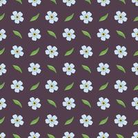 Seamless pattern with small blue forget me not flowers and leaves. Field flowering plants on dark background. Romantic decoration print for wedding and design. Vector flat illustration1