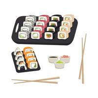 Set with japanese sushi dish, rolls and onigiri. Delicious oriental traditional food on black tray with chopsticks, ginger, wasabi and soy sauce. Vector flat food illustration