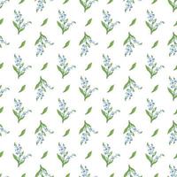 Seamless pattern with small blue forget me not flowers and leaves. Field flowering plants. Romantic decoration print for wedding and design. Vector flat illustration