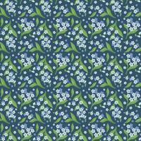 Seamless pattern with small blue forget me not flowers and leaves. Field flowering plants. Romantic decoration print for wedding and design. Vector flat illustration