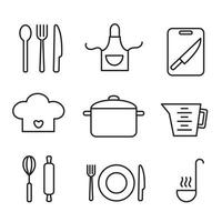 Cooking outline icons. Kitchen apron, cutting board with knife, whisk and rolling pin for dough. Chiefs hat, beaker and cooking pan. Food prepare and restaurant concept. Line set