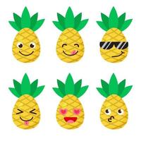 Set of pineapple emojis. Kawaii style icons, fruit characters. Vector illustration in cartoon flat style. Set of funny smiles or emoticons. Good nutrition and vegan concept. illustration for kids