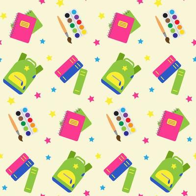 Seamless pattern with school and educational elements. Objects for art, stationery. Print for textile, clothes, book cover, wrapping paper, design and decor. Colorful positive background