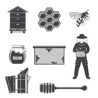 Set of beekeeping Equipment silhouette icons. Vector. Set include beekeeper, bee, beehive, bee smoker, honeycombs, propolis, dipper. Equipment icons for honey bee farm business. vector