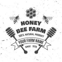 Honey farm badge. Vector. Concept for shirt, print, stamp or tee. Vintage typography design with bee, honeycomb piece and honey dipper silhouette. Retro design for honey bee farm business vector