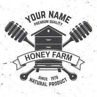 Honey farm badge. Vector. Concept for shirt, print, stamp or tee. Vintage typography design with hive and honey dipper silhouette. Retro design for honey bee farm business vector