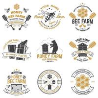 Set of Honey bee farm badge. Vector. Concept for print, stamp or tee. Vintage typography design with bee, honeycomb piece, hive and honey dipper silhouette. Design for honey bee farm business vector