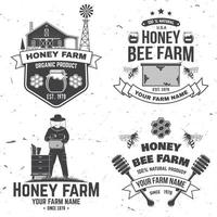 Set of Honey bee farm badge. Vector. Concept for shirt, stamp or tee. Vintage typography design with bee, honeycomb piece, hive and honey dipper silhouette. Design for honey bee farm business vector