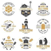 Set of Honey bee farm badge. Vector. Concept for print, stamp or tee. Vintage typography design with bee, honeycomb piece, hive and honey dipper silhouette. Design for honey bee farm business vector