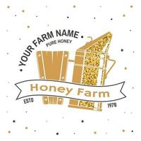 Honey bee farm badge. Vector. Concept for print, stamp or tee. Vintage typography design with bee smoker silhouette. Retro design for honey bee farm business. vector