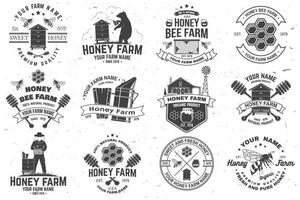 Set of Honey bee farm badge. Vector. Concept for print, stamp or tee. Vintage typography design with bee, honeycomb piece, hive and honey dipper silhouette. Design for honey bee farm business vector