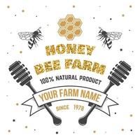 Honey farm badge. Vector. Concept for shirt, print, stamp or tee. Vintage typography design with bee, honeycomb piece and honey dipper silhouette. Retro design for honey bee farm business vector