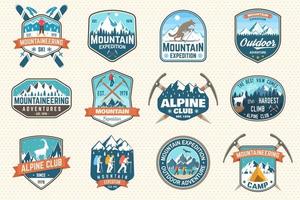 Set of mountain expedition patch. Vector. Concept for alpine club shirt or badge, print, stamp. Vintage typography design with mountaineers and mountain silhouette. Outdoors adventure emblems. vector