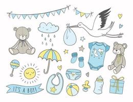 Baby shower vector illustrations set. Hand drawn newborn boy items and elements. Invitations, cards, nursery decor.