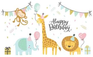 ilustraciones vectoriales de cumpleaños. conjunto de lindos dibujos animados selva cumpleaños animales ilustración para saludo, invitación diseño de tarjeta de cumpleaños para niños vector