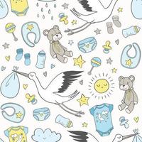Vector pattern with hand drawn baby objects and icons. Baby shower seamless background. Doodle newborn illustrations.