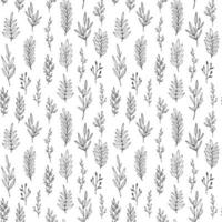 Floral vector pattern with hand drawn leaves, branches and twigs. Vintage botanical seamless background.