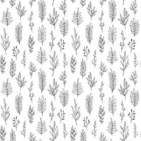 Floral vector pattern with hand drawn leaves, branches and twigs. Vintage botanical seamless background.