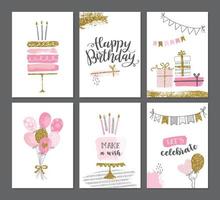 tarjetas de felicitación de cumpleaños feliz y plantillas de invitación de fiesta con brillo dorado. Ilustración de vector de cumpleaños de mujeres, estilo dibujado a mano.